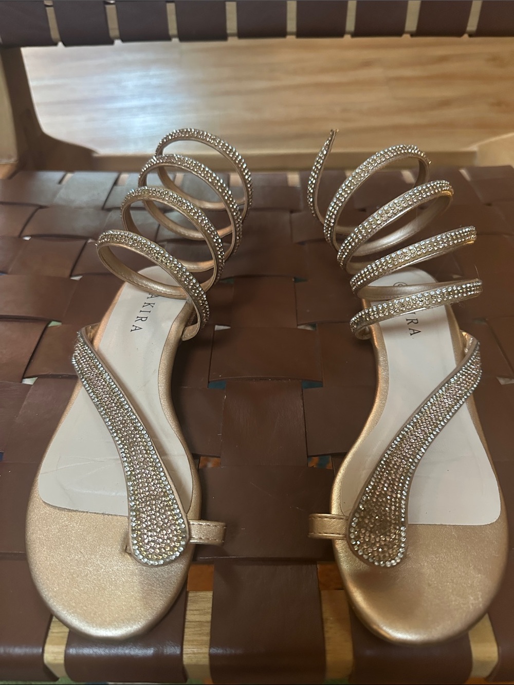 AKIRA Gold Crystal Spiral-Strap Sandals